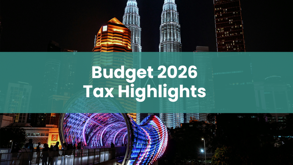 Post title 'Budget 2026 Tax Highlights' on a green banner overlaying a night view of prominent skyscapers from the KL city skyline, including Petronas Twin Towers and Menara Public Bank