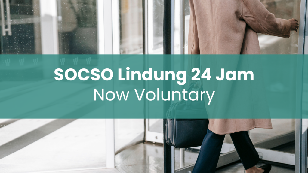 Professional walking through office exit — SOCSO Lindung 24 Jam is now voluntary