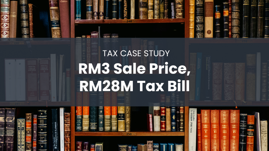 'RM3 sale price, RM28M tax bill' text overlay on a bookshelf background, illustrating a Malaysian RPGT court ruling on RPC share disposals.